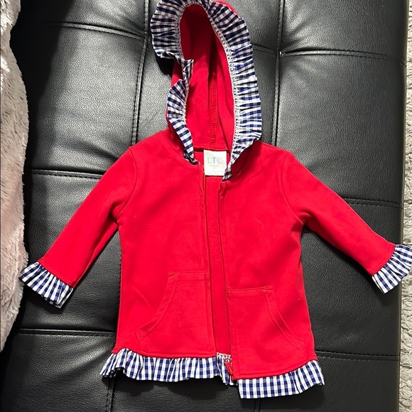 Red Hooded Jacket with Checkered Trim - Picture 1 of 5